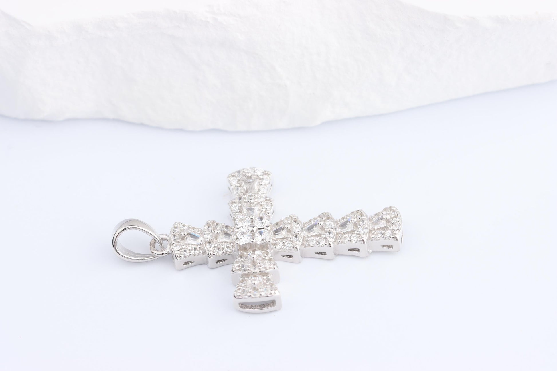 Sterling Silver 925 Mini CZ Encrusted Cross Pendant Necklace