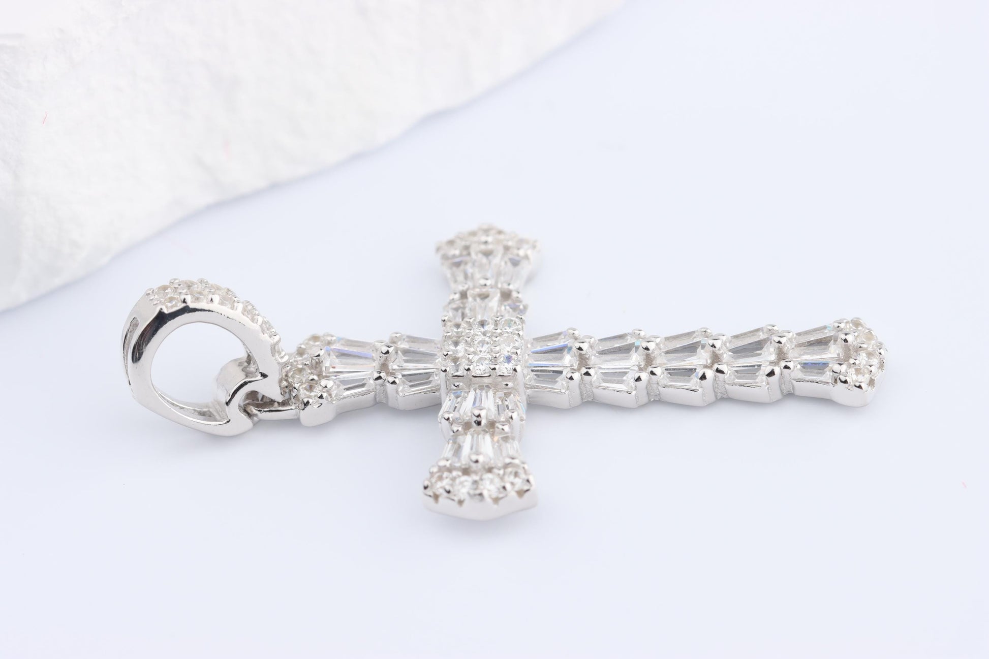 Sterling Silver 925 Mini CZ Encrusted Cross Pendant Necklace