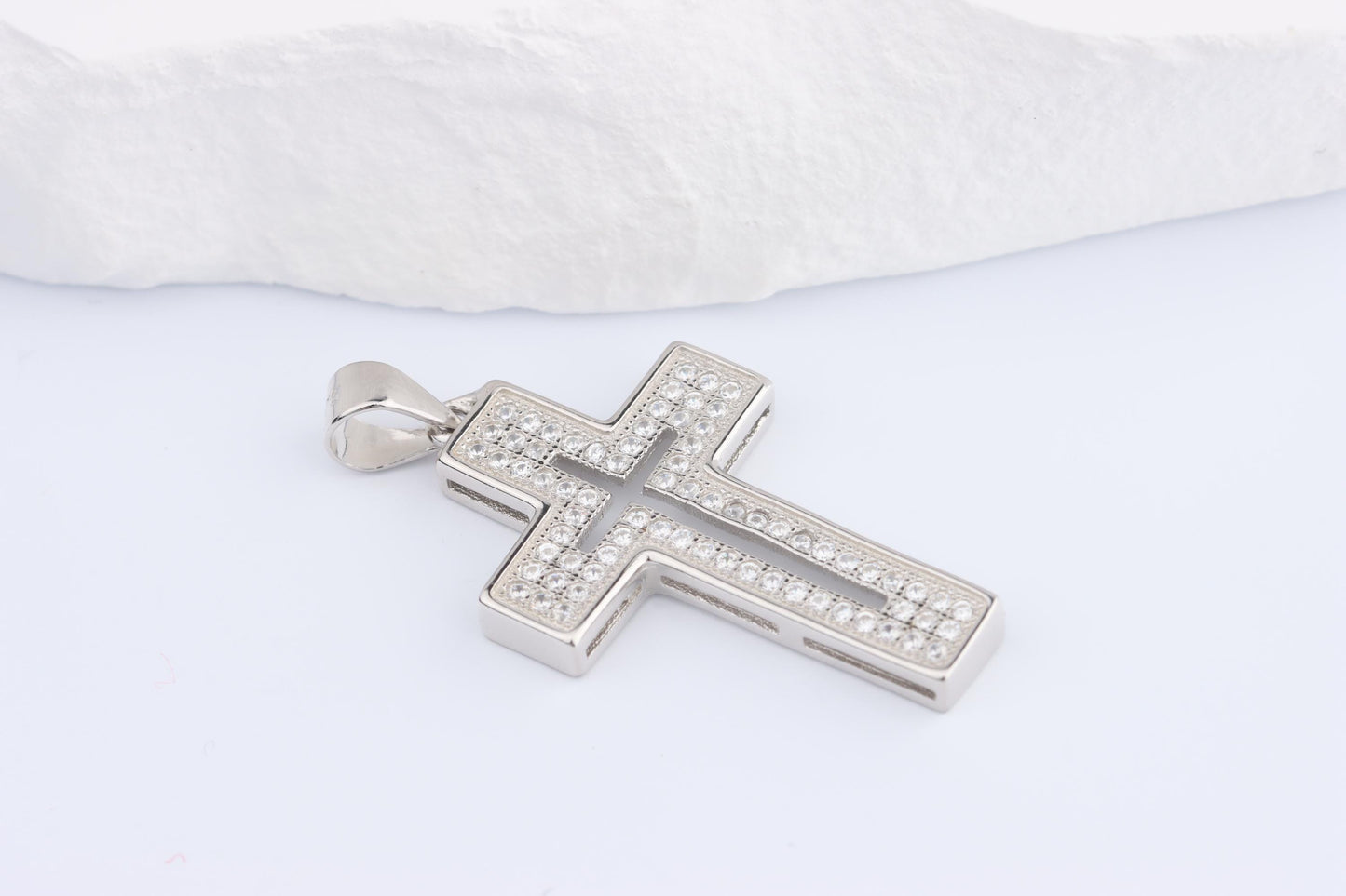 Sterling Silver 925 Small CZ set Laser Cut Open Centre Cross Pendant Necklace