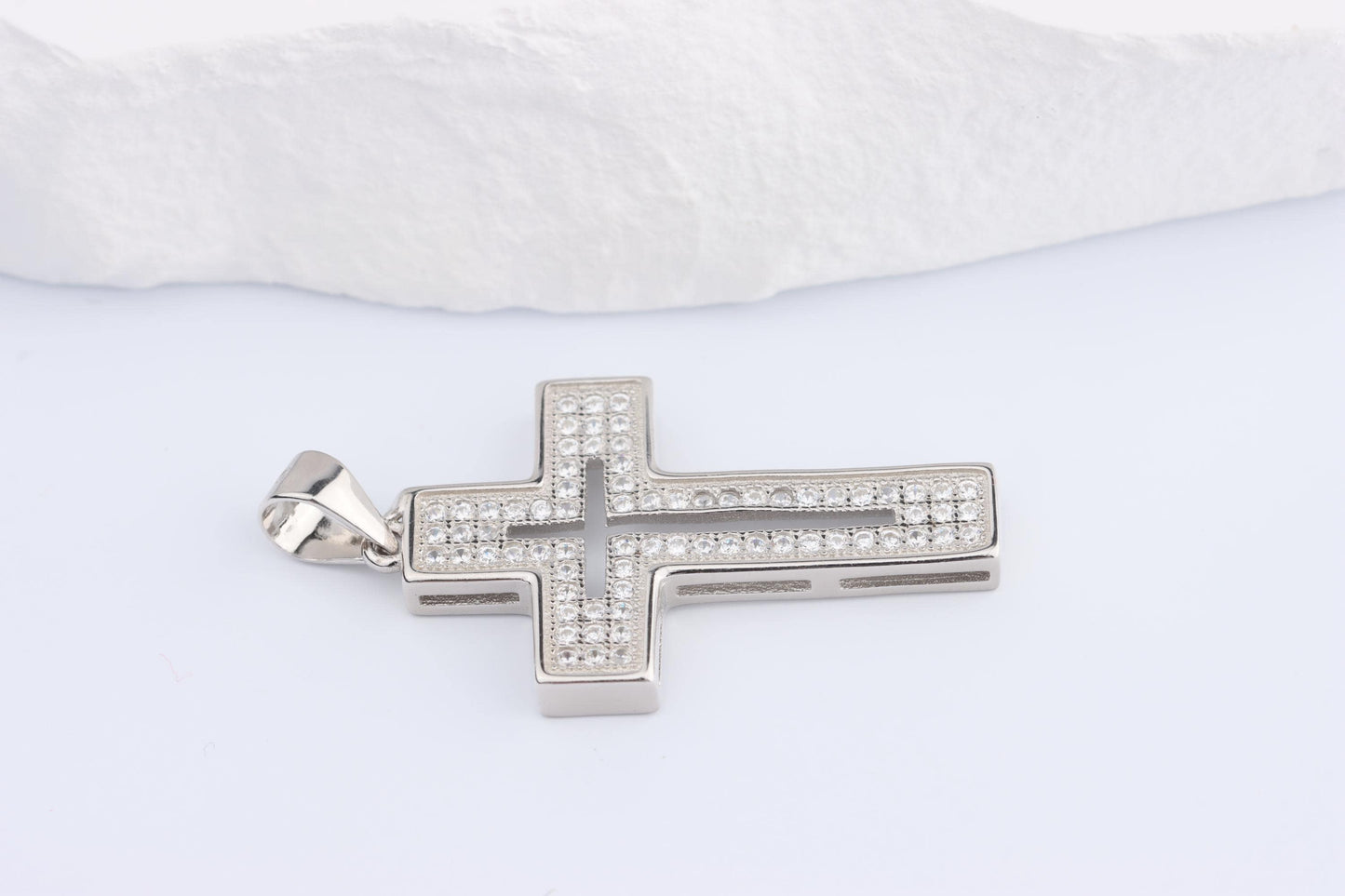 Sterling Silver 925 Small CZ set Laser Cut Open Centre Cross Pendant Necklace