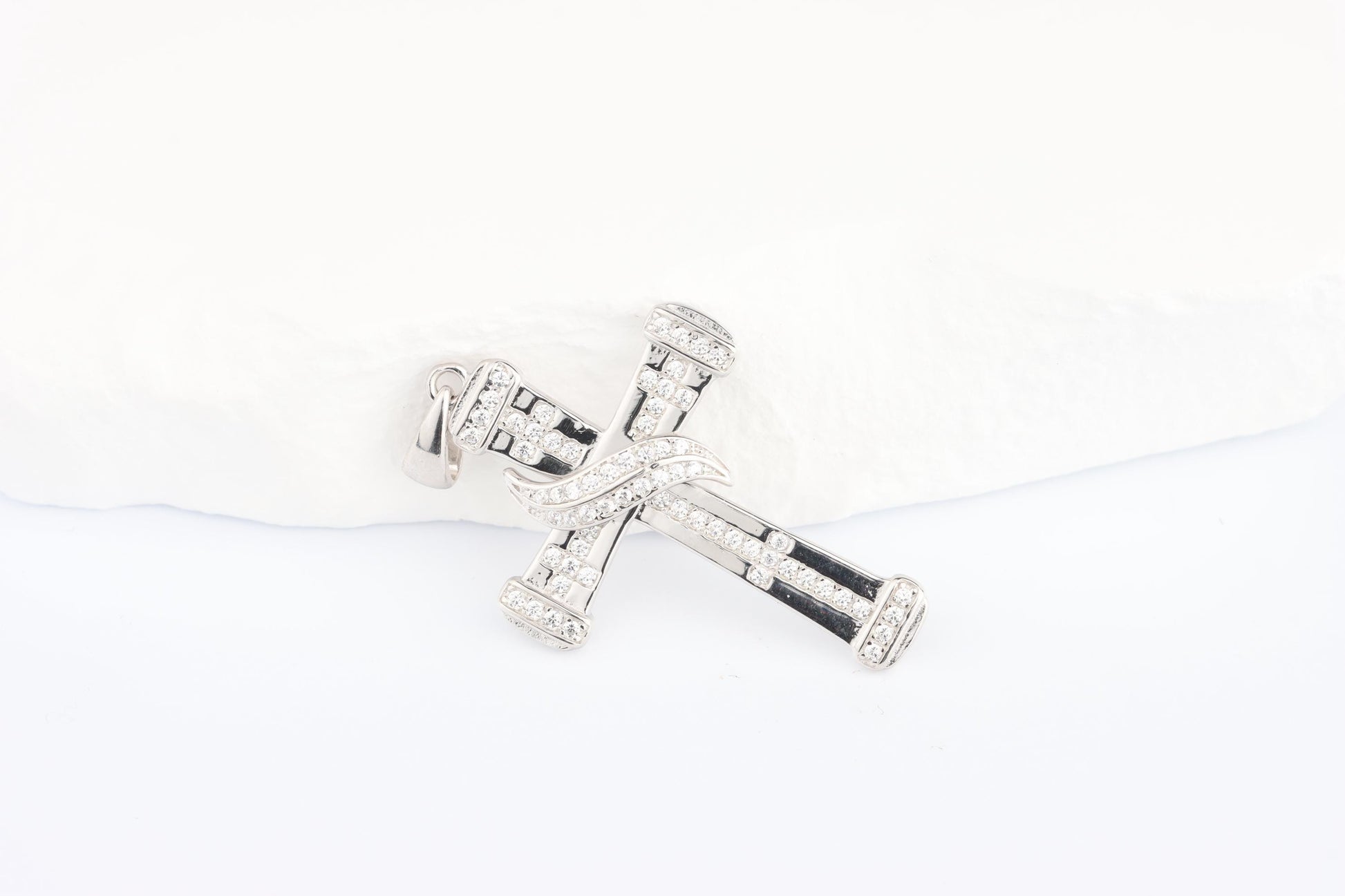 Sterling Silver 925 Small CZ Cross with Ribbon Pendant Necklace