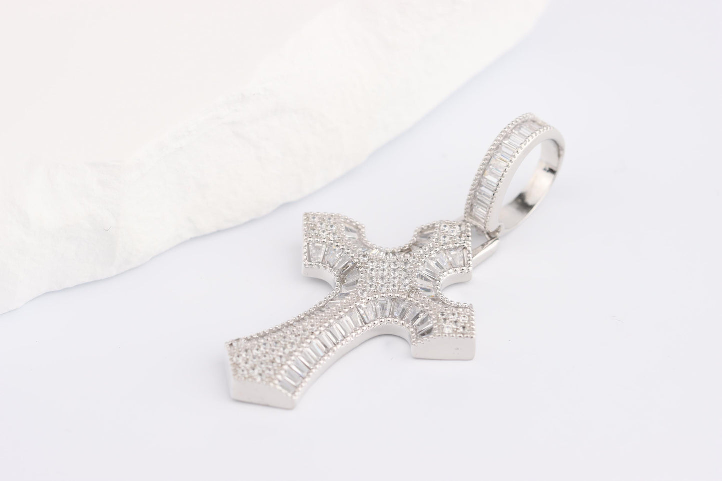 Sterling Silver 925 Medium Chunky CZ Encrusted Arrow Flared Cross Pendant Necklace