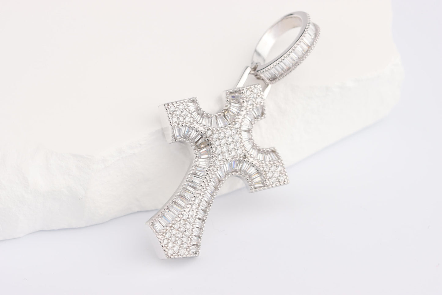 Sterling Silver 925 Medium Chunky CZ Encrusted Arrow Flared Cross Pendant Necklace