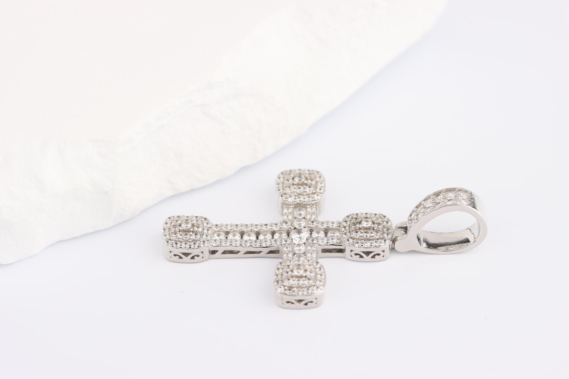 Sterling Silver 925 Medium Chunky CZ Encrusted Budded Cross Pendant Necklace