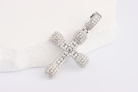 Sterling Silver 925 Medium Chunky CZ Encrusted Budded Cross Pendant Necklace