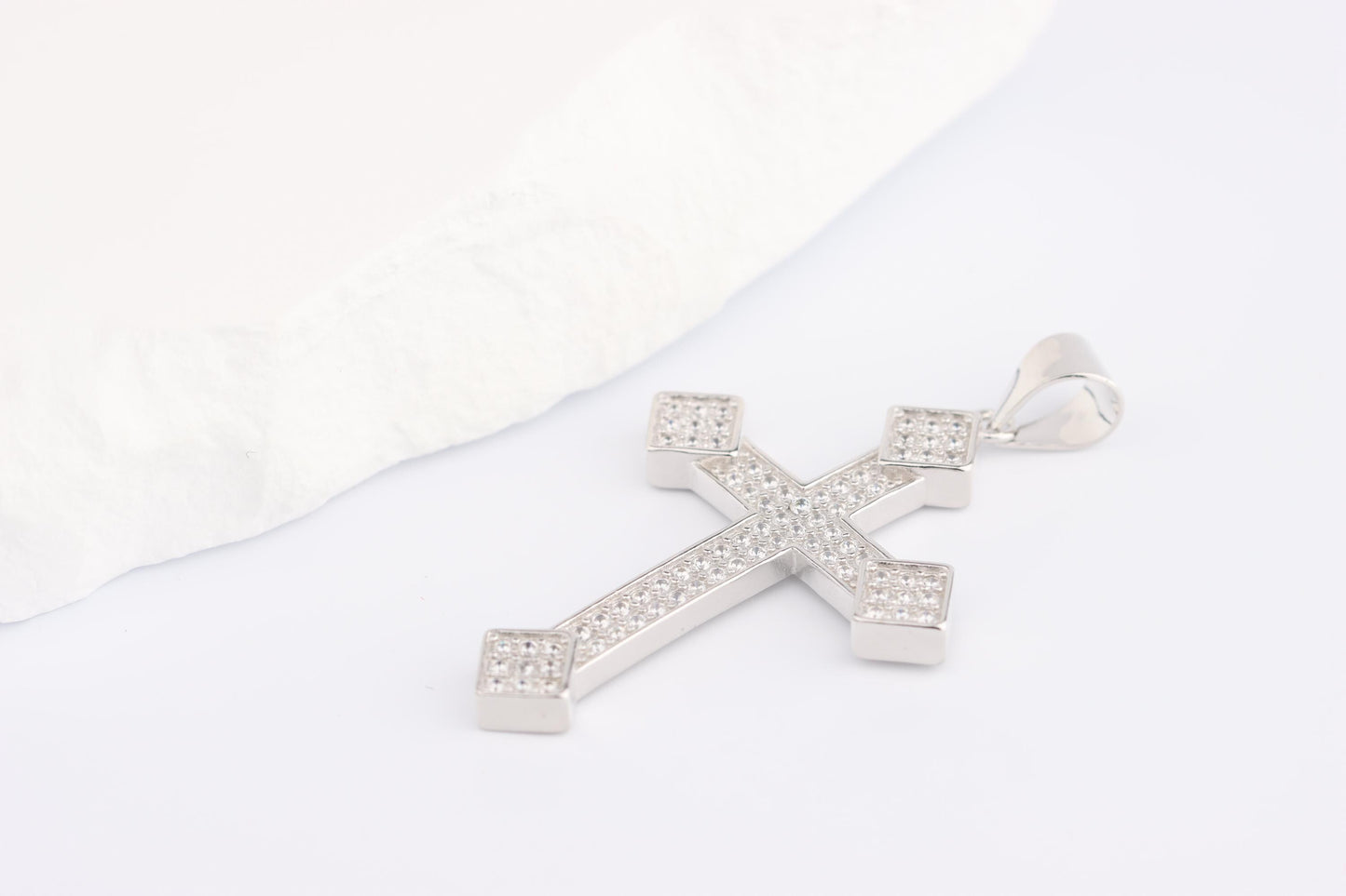 Sterling Silver 925 Medium Slim CZ Encrusted Budded Cross Pendant Necklace