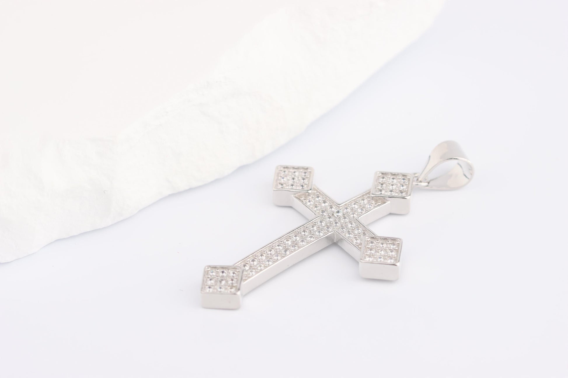 Sterling Silver 925 Medium Slim CZ Encrusted Budded Cross Pendant Necklace