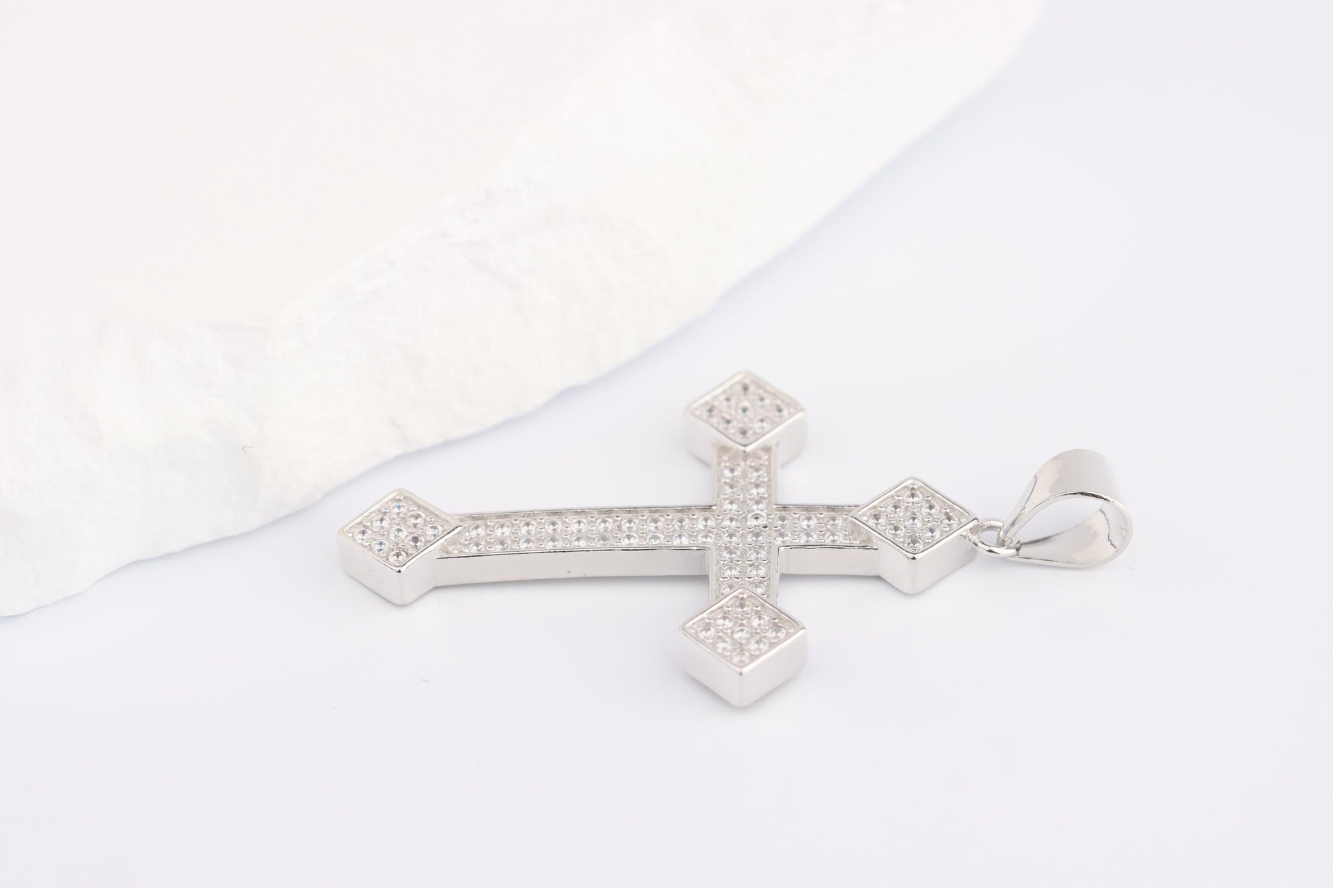 Sterling Silver 925 Medium Slim CZ Encrusted Budded Cross Pendant Necklace