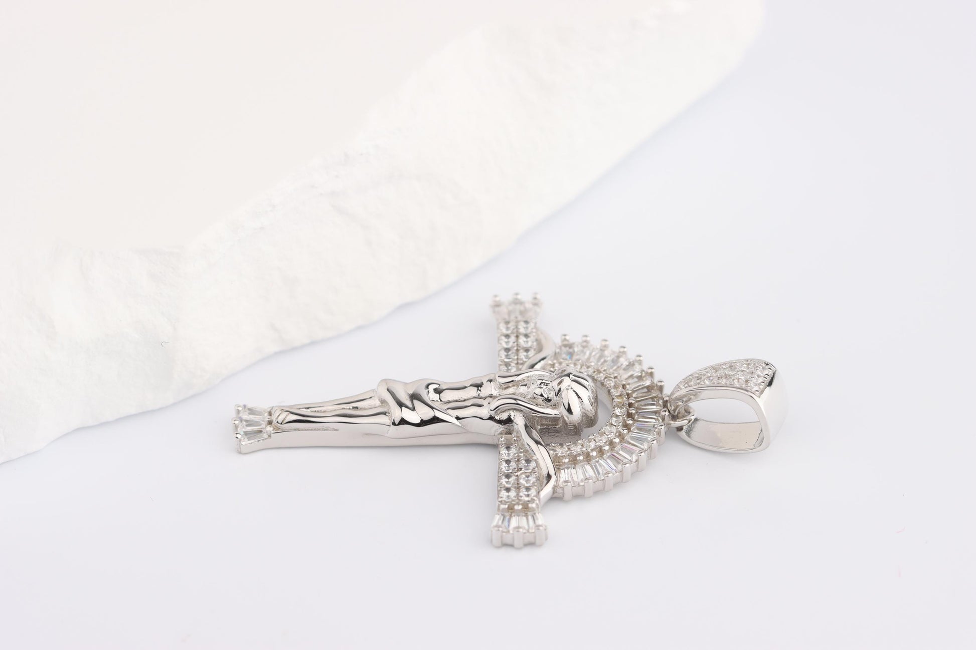 Sterling Silver 925 Heavy CZ set Sunset Cross Crucifix Pendant Necklace