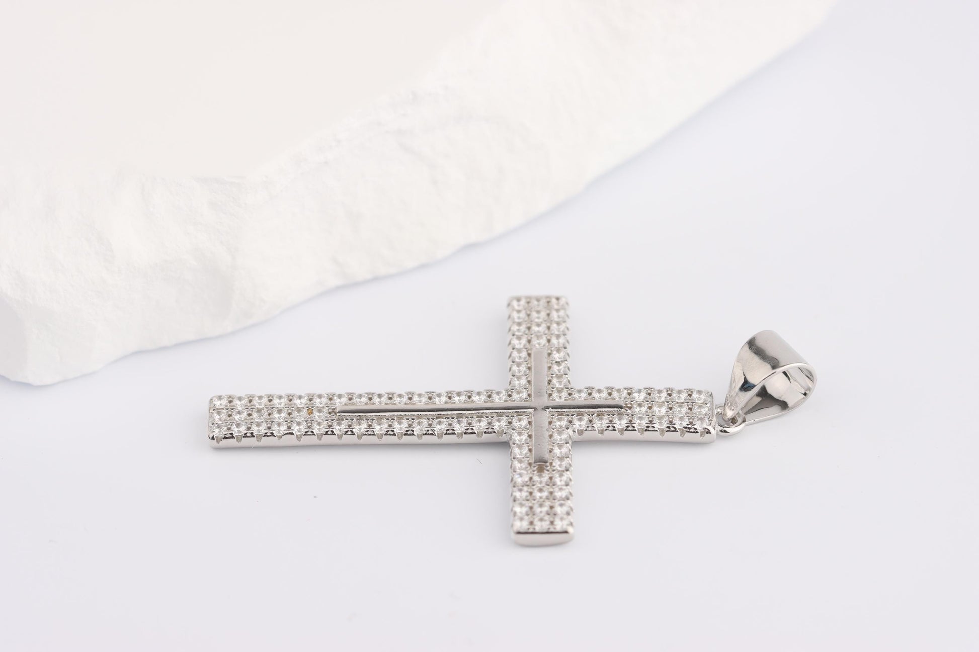 Sterling Silver 925 CZ set Slim Classic Cross Pendant Necklace