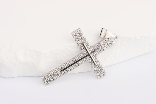 Sterling Silver 925 CZ set Slim Classic Cross Pendant Necklace