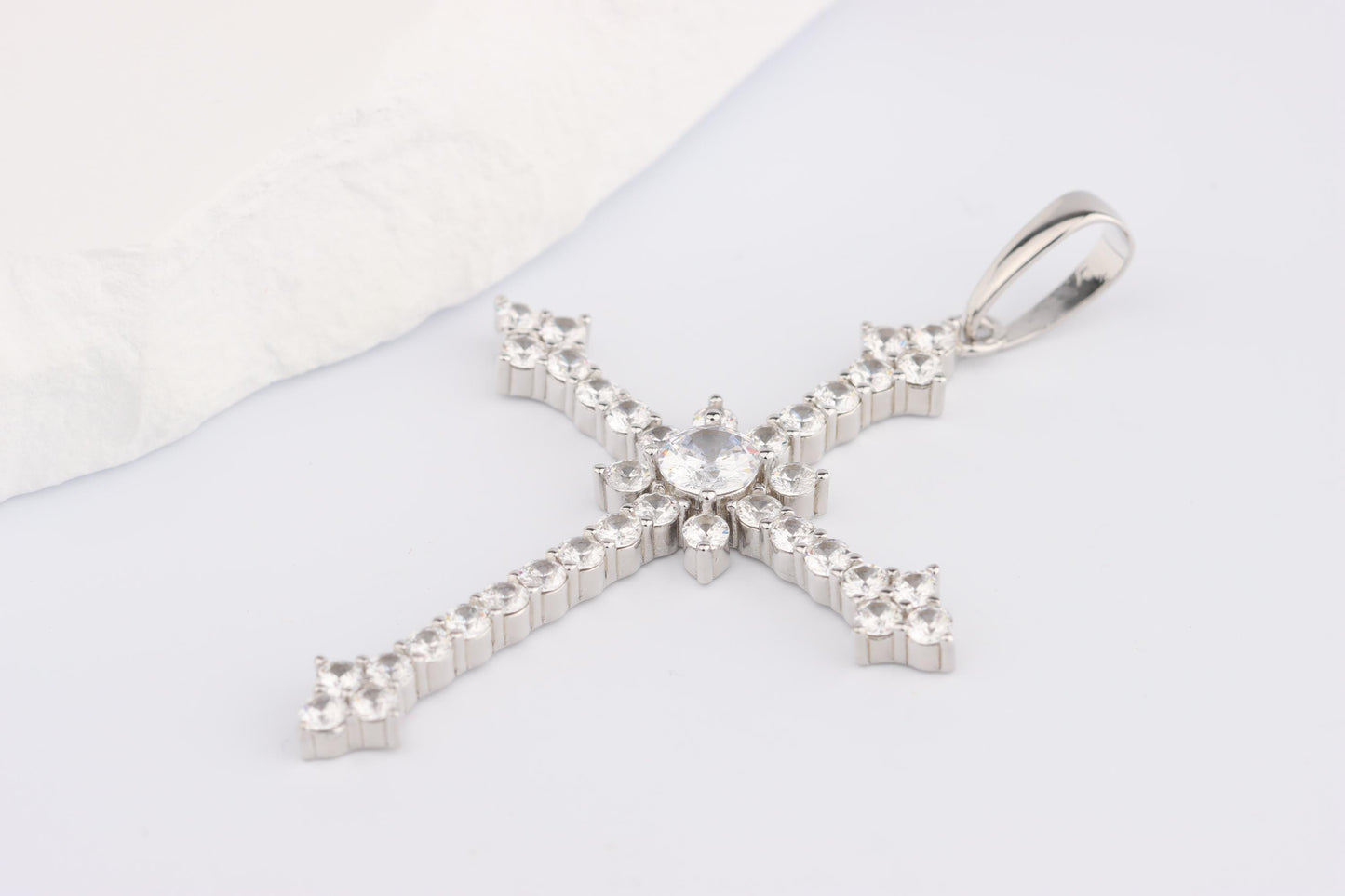 Sterling Silver 925 Large CZ Encrusted Budded Arrow Cross Pendant Necklace