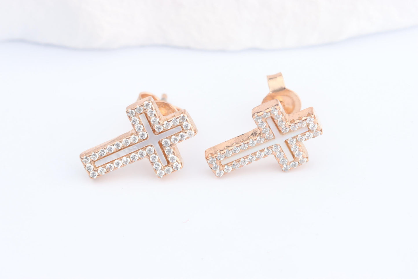 Silver Rose Gold Plated CZ and Mother of Pearl Cross Earring Studs