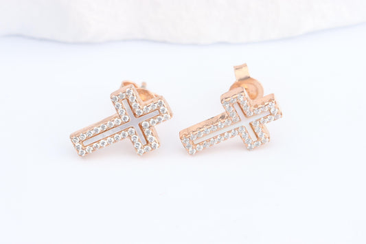 Silver Rose Gold Plated CZ and Mother of Pearl Cross Earring Studs