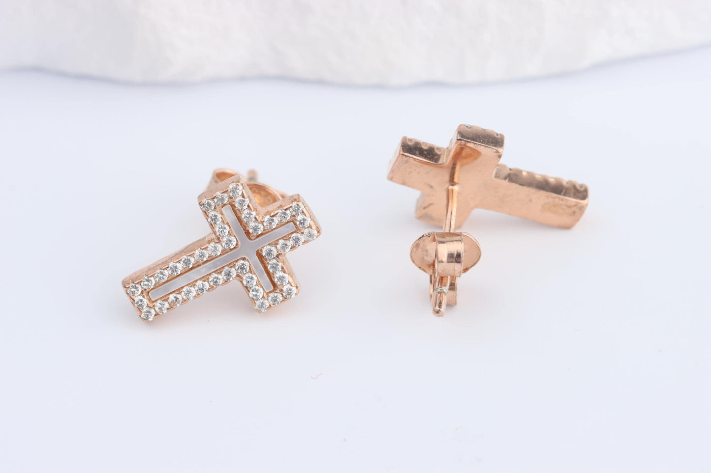 Silver Rose Gold Plated CZ and Mother of Pearl Cross Earring Studs