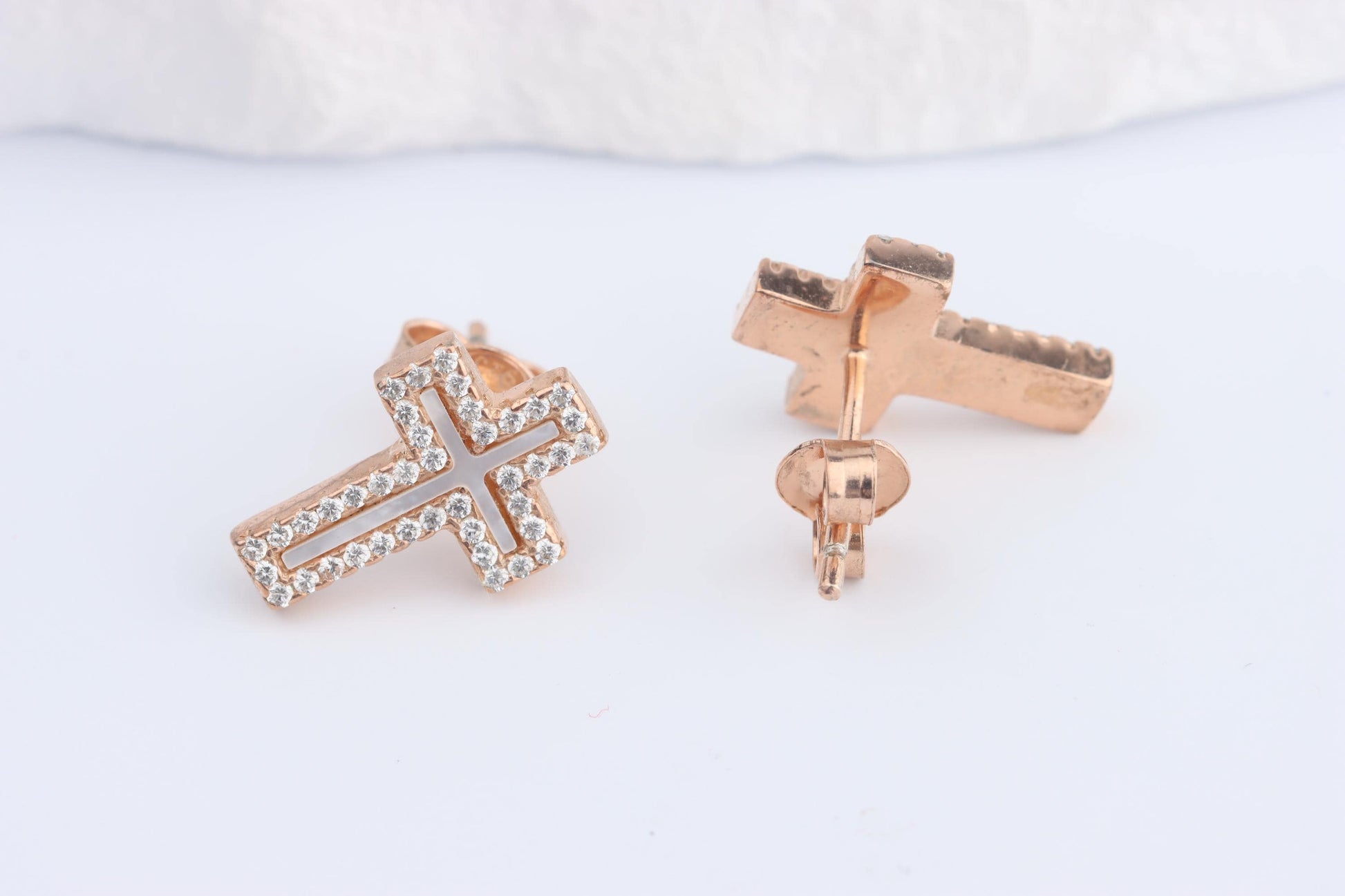 Silver Rose Gold Plated CZ and Mother of Pearl Cross Earring Studs