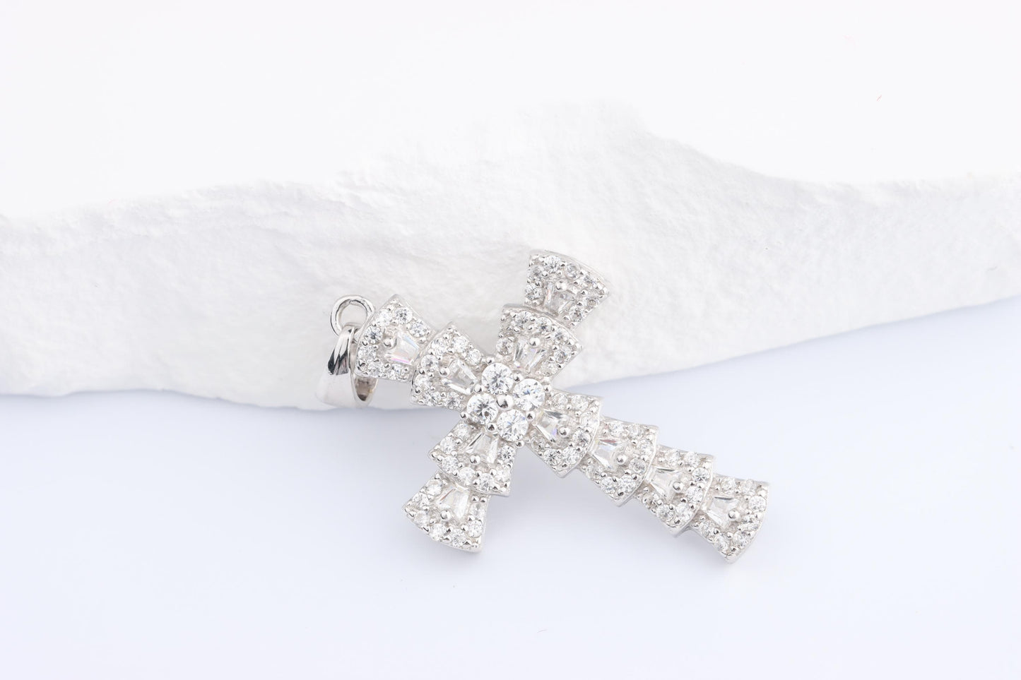 Sterling Silver 925 Mini CZ Encrusted Cross Pendant Necklace