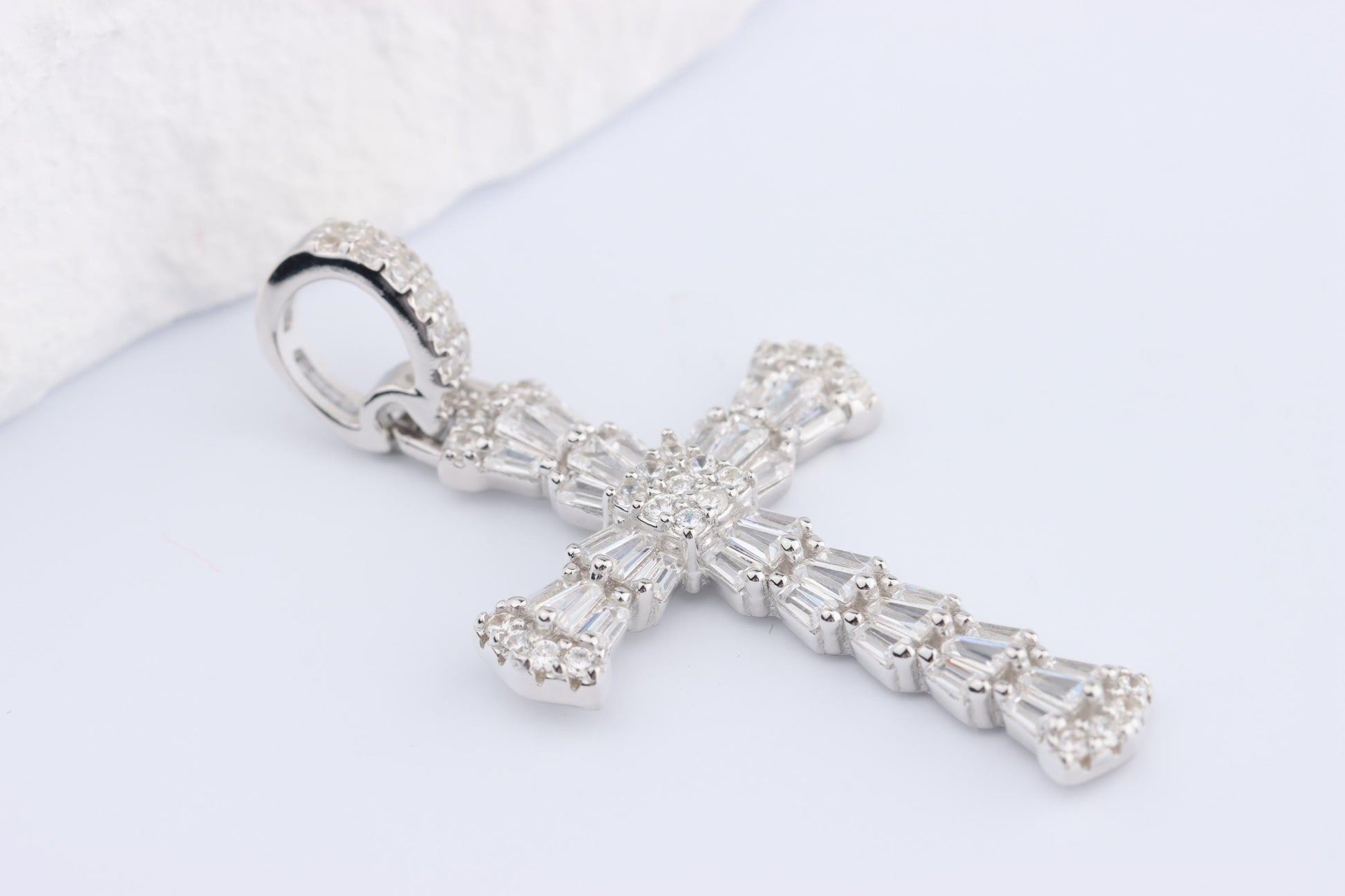Sterling Silver 925 Mini CZ Encrusted Cross Pendant Necklace