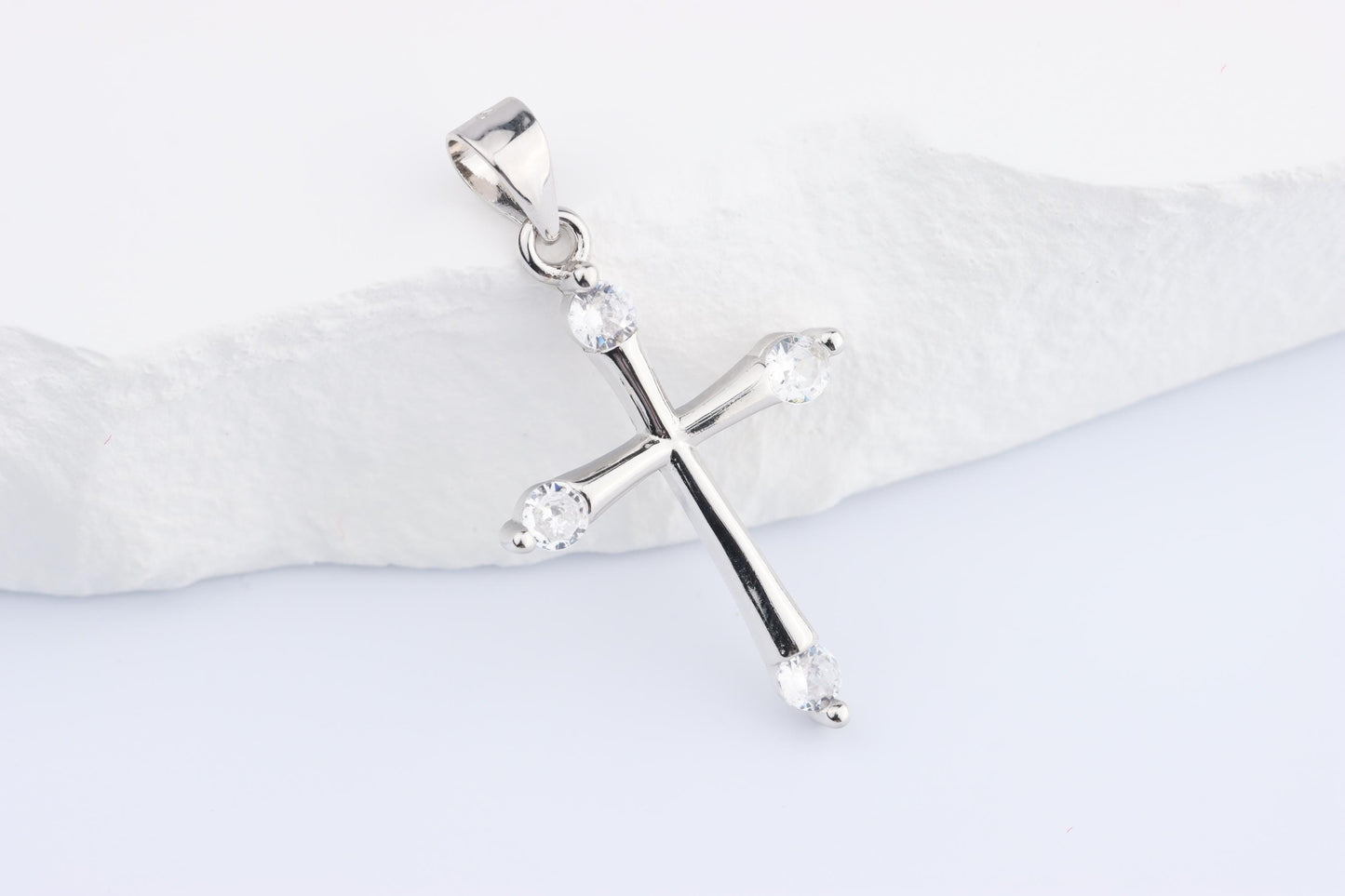 Sterling Silver 925 Mini CZ Budded Cross Pendant Necklace
