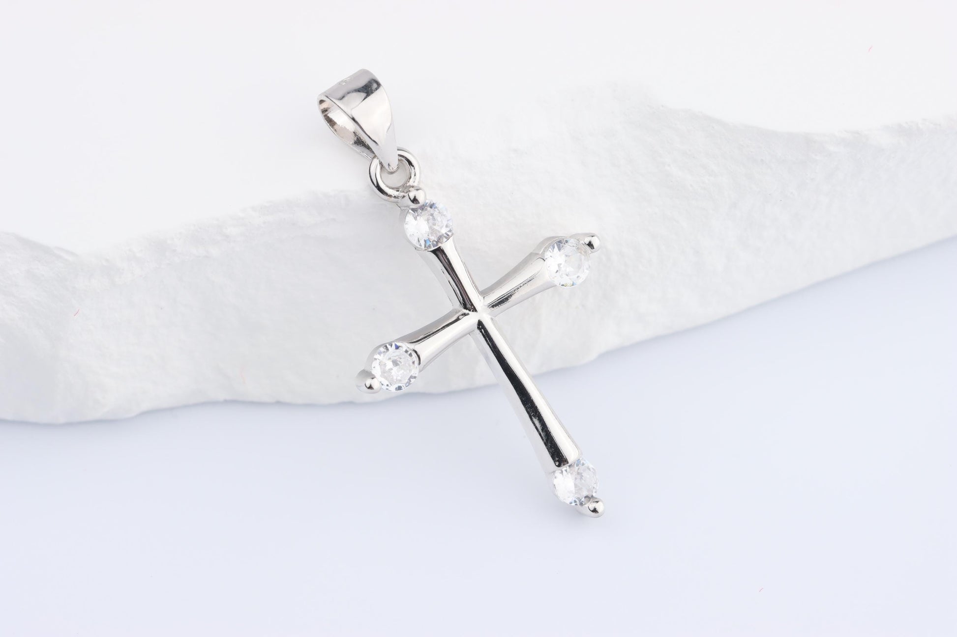 Sterling Silver 925 Mini CZ Budded Cross Pendant Necklace