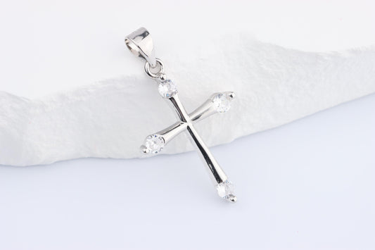 Sterling Silver 925 Mini CZ Budded Cross Pendant Necklace