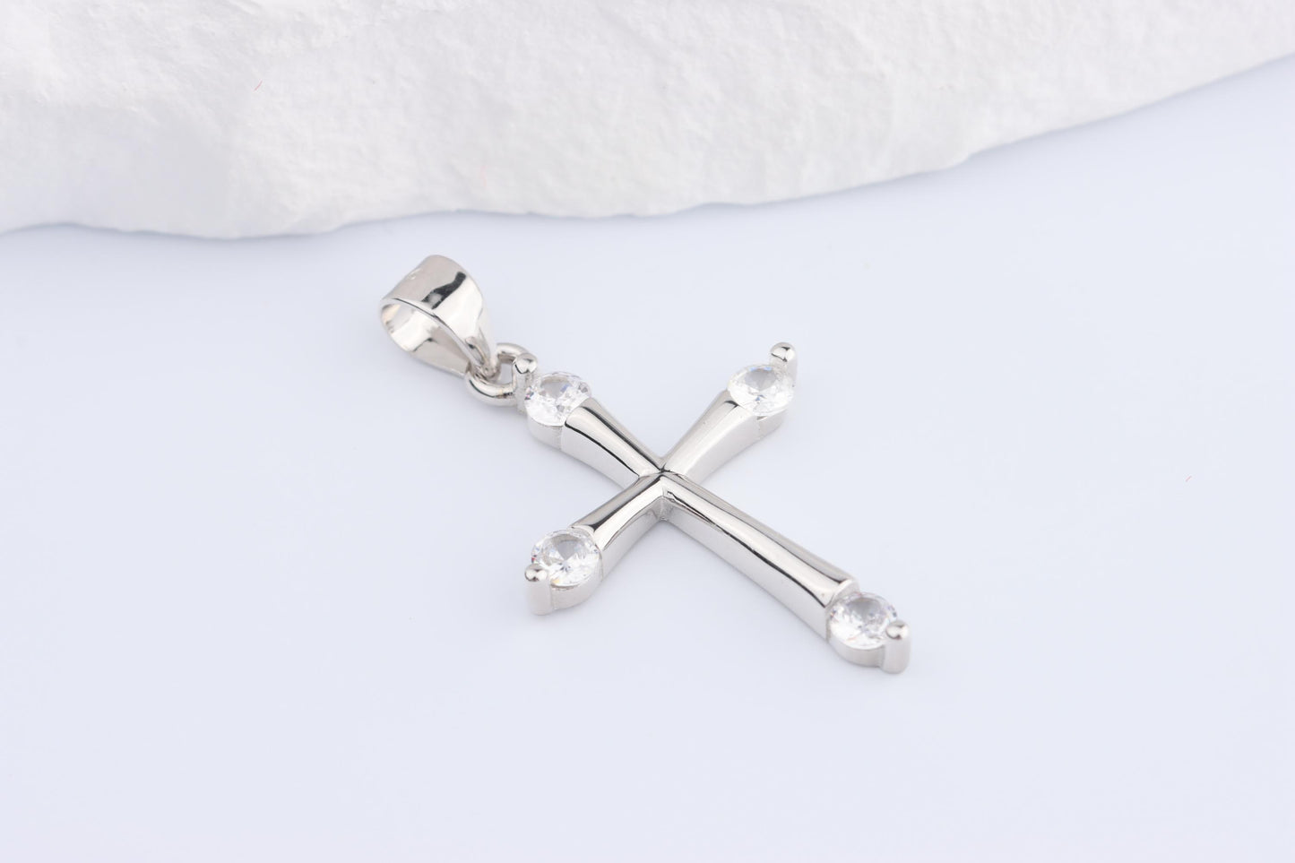 Sterling Silver 925 Mini CZ Budded Cross Pendant Necklace