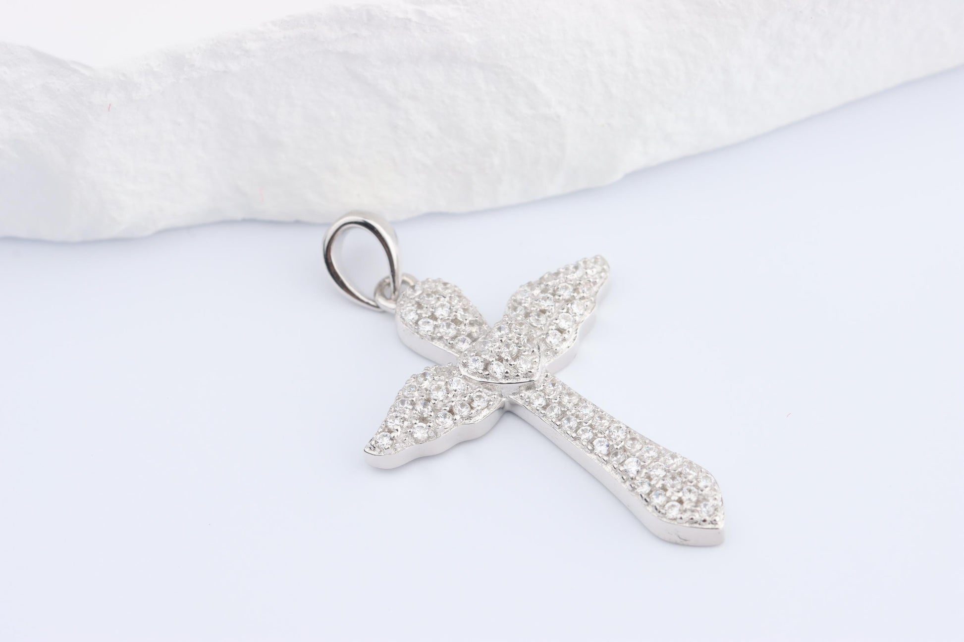 Sterling Silver 925 Small CZ Cross with Angel Wings Pendant Necklace