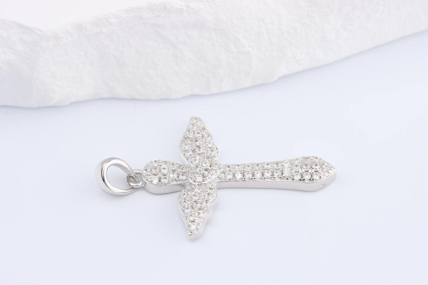 Sterling Silver 925 Small CZ Cross with Angel Wings Pendant Necklace