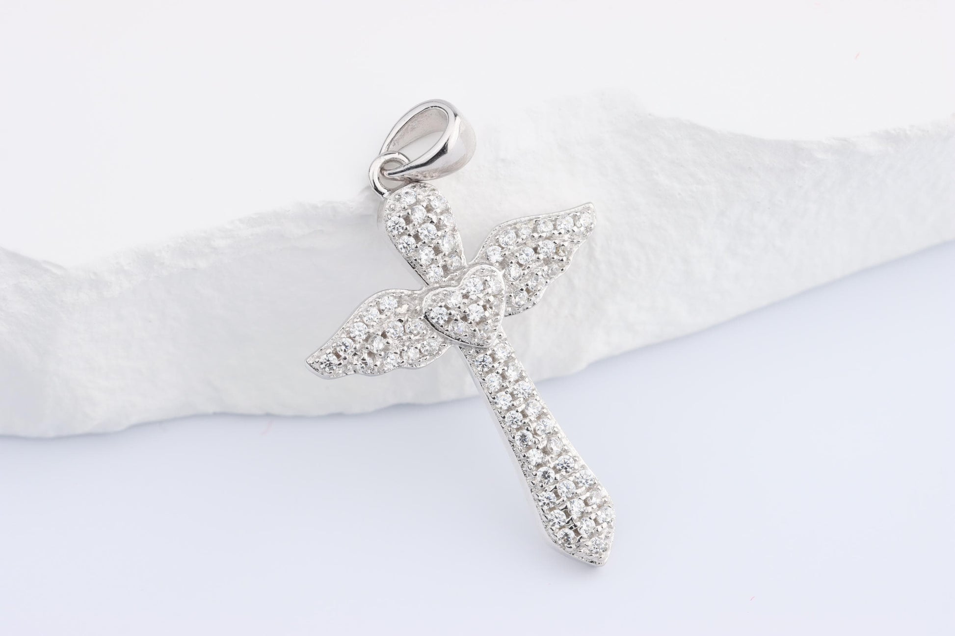 Sterling Silver 925 Small CZ Cross with Angel Wings Pendant Necklace