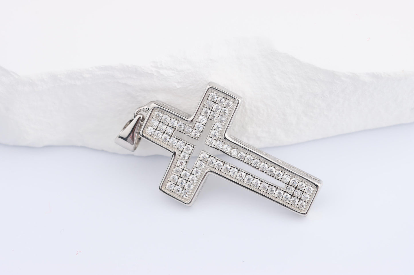 Sterling Silver 925 Small CZ set Laser Cut Open Centre Cross Pendant Necklace