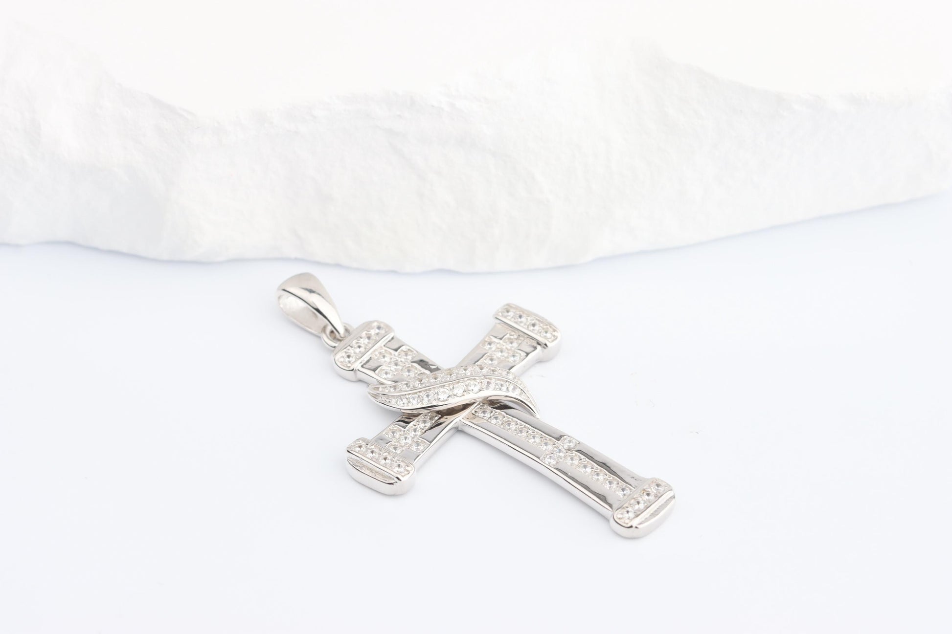 Sterling Silver 925 Small CZ Cross with Ribbon Pendant Necklace