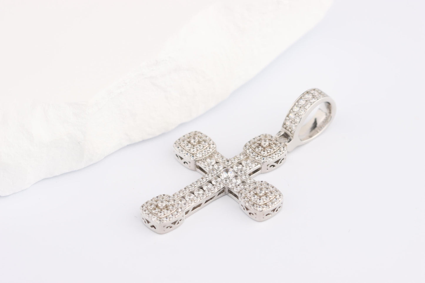 Sterling Silver 925 Medium Chunky CZ Encrusted Budded Cross Pendant Necklace
