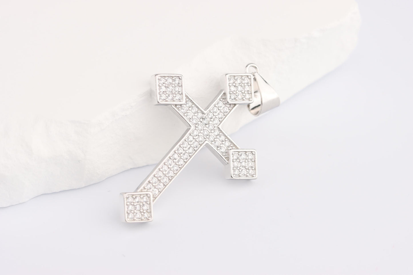 Sterling Silver 925 Medium Slim CZ Encrusted Budded Cross Pendant Necklace