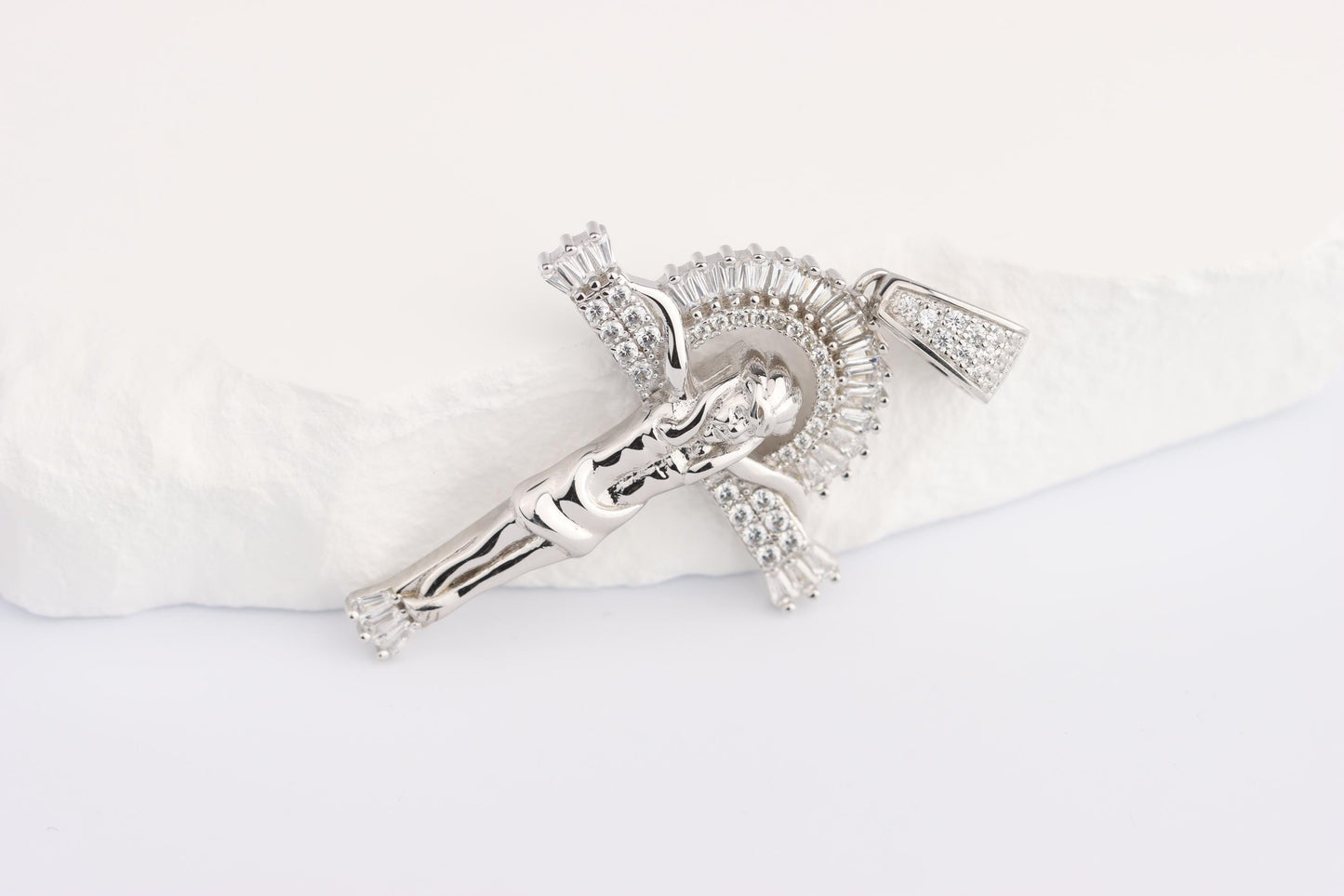 Sterling Silver 925 Heavy CZ set Sunset Cross Crucifix Pendant Necklace