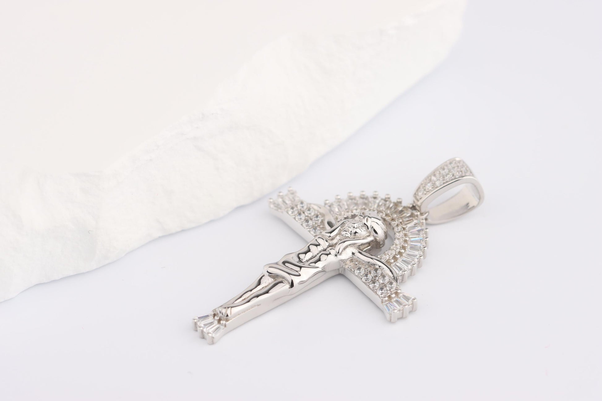 Sterling Silver 925 Heavy CZ set Sunset Cross Crucifix Pendant Necklace