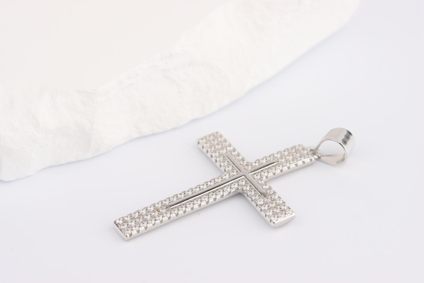 Sterling Silver 925 CZ set Slim Classic Cross Pendant Necklace