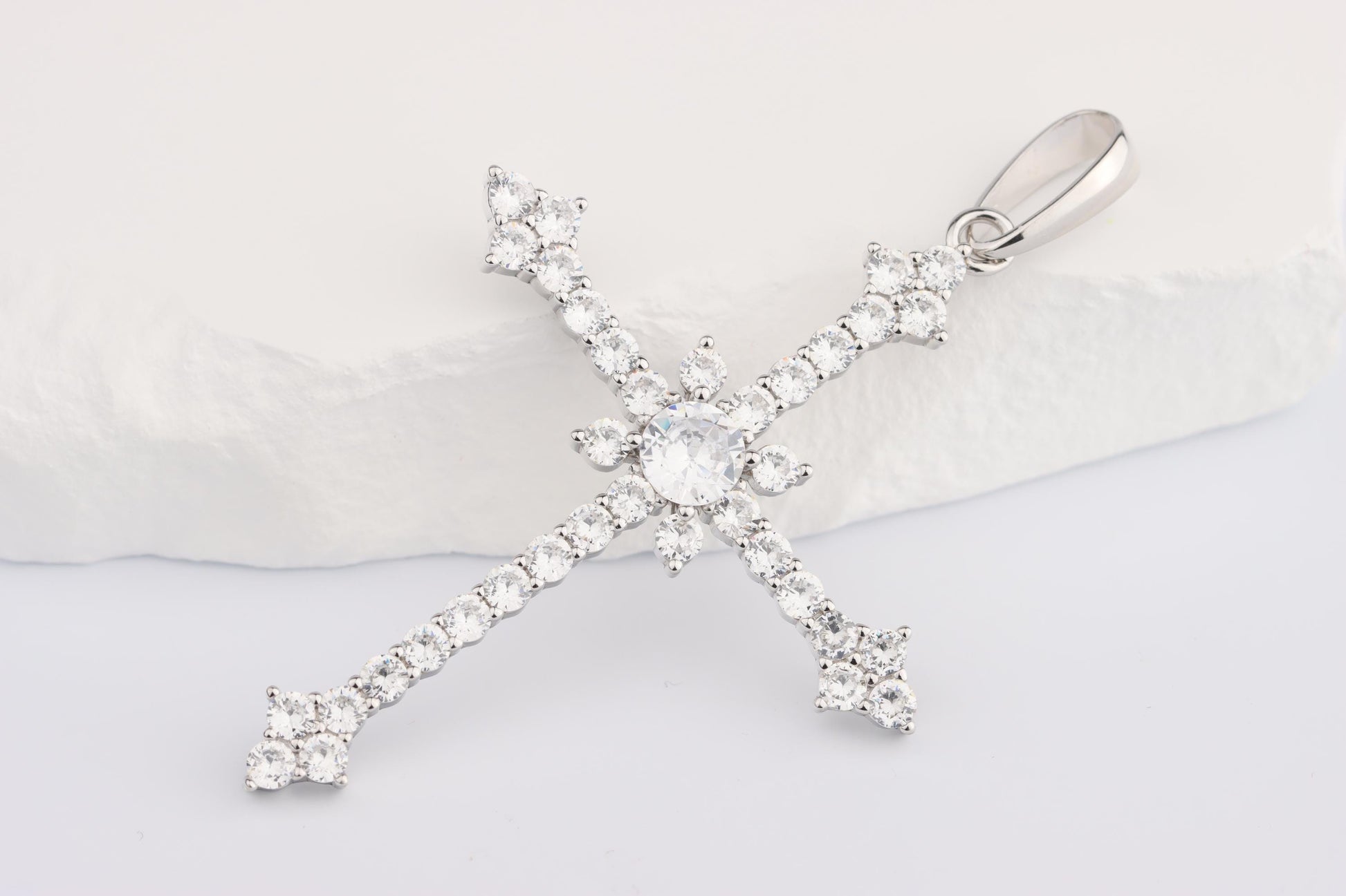 Sterling Silver 925 Large CZ Encrusted Budded Arrow Cross Pendant Necklace