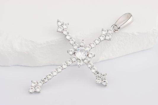 Sterling Silver 925 Large CZ Encrusted Budded Arrow Cross Pendant Necklace