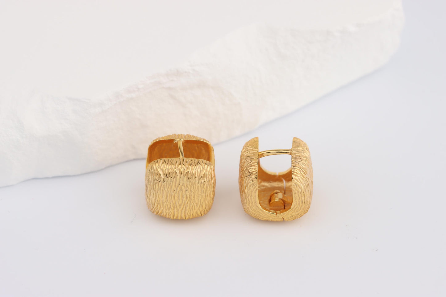 Sterling Silver 925 Gold Plated Textured Brushed Cube Square Hoops Huggies