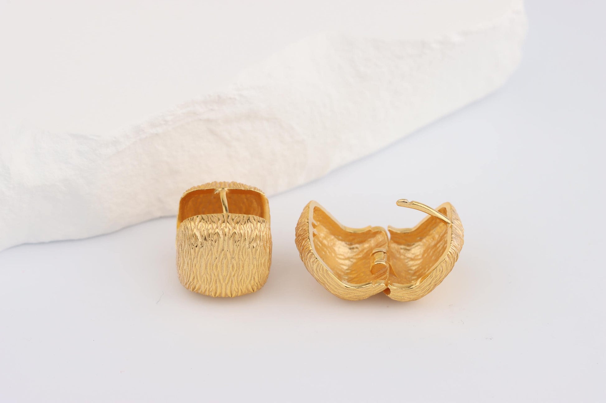 Sterling Silver 925 Gold Plated Textured Brushed Cube Square Hoops Huggies
