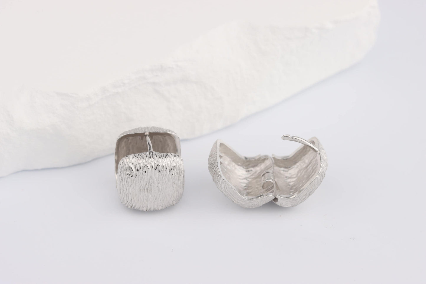 Sterling Silver 925 Textured Brushed Cube Square Hoops Huggies