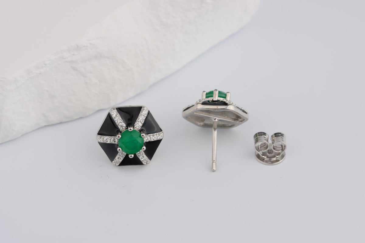 Sterling Silver 925 Black Enamel Hexagonal Studs set with Green and White CZs