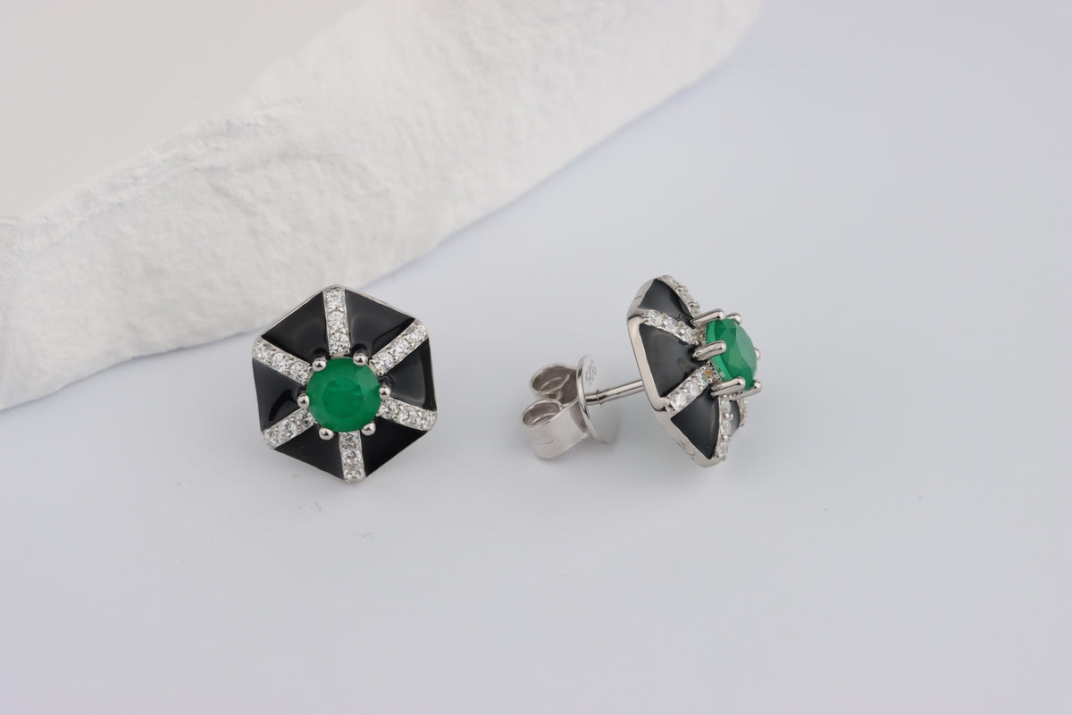 Sterling Silver 925 Black Enamel Hexagonal Studs set with Green and White CZs