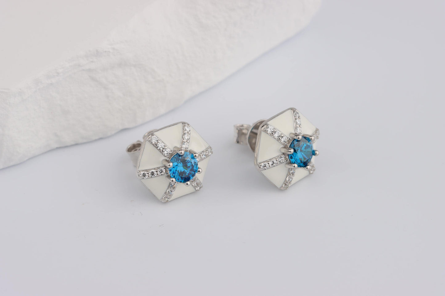 Sterling Silver 925 White Enamel Hexagonal Studs set with Blue and White CZs