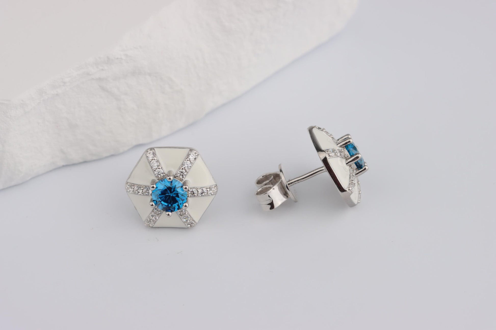 Sterling Silver 925 White Enamel Hexagonal Studs set with Blue and White CZs