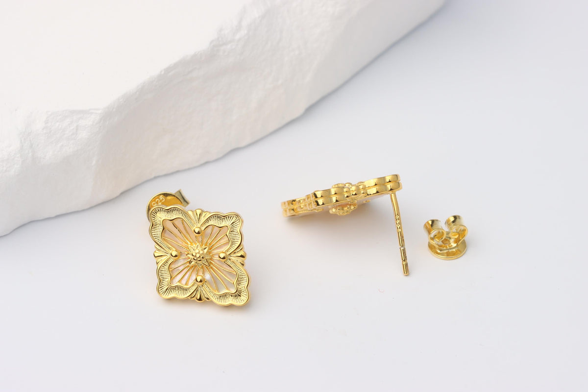 Sterling Silver 925 Gold Plated Renaissance Style Mother of Pearl Studs