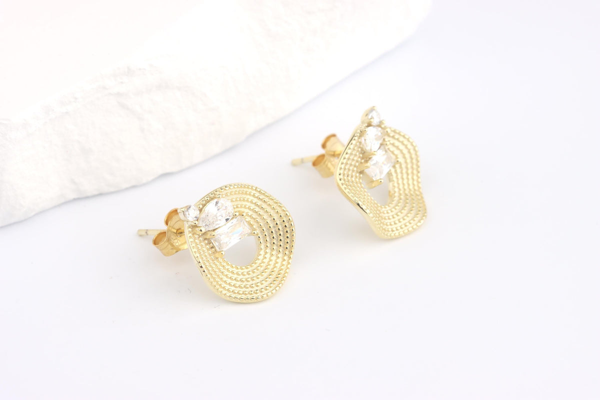 Sterling Silver 925 Gold Plated Textured Open Circle CZ set Stud Earrings