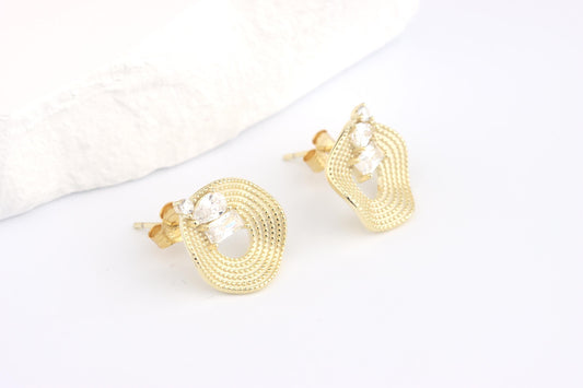 Sterling Silver 925 Gold Plated Textured Open Circle CZ set Stud Earrings