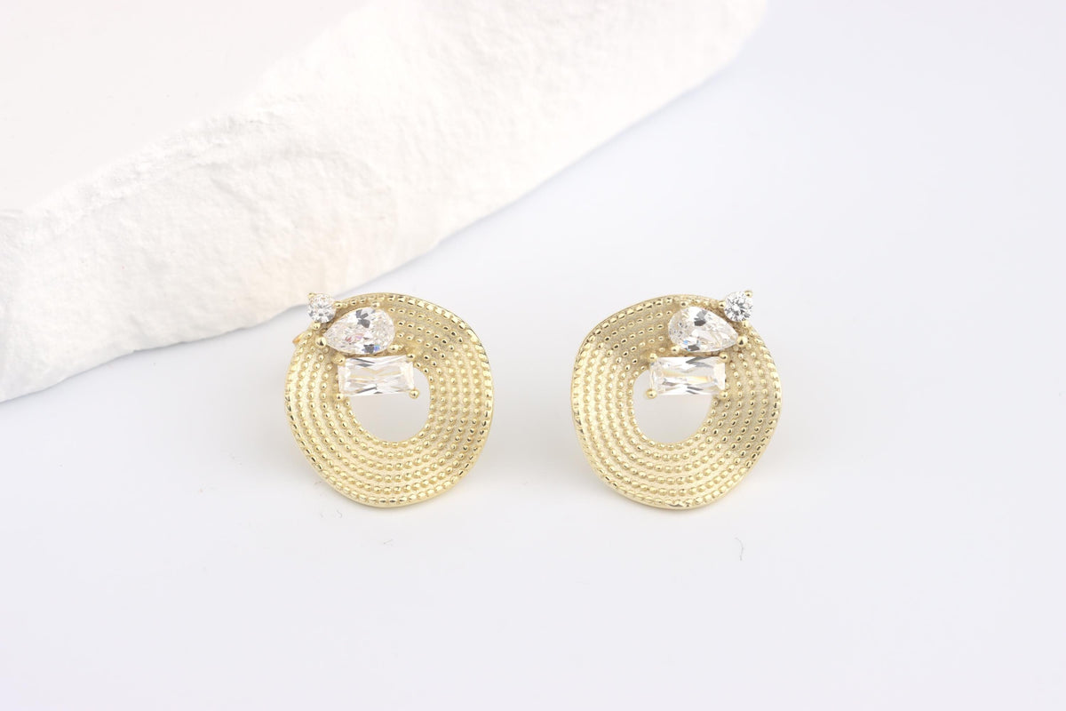 Sterling Silver 925 Gold Plated Textured Open Circle CZ set Stud Earrings