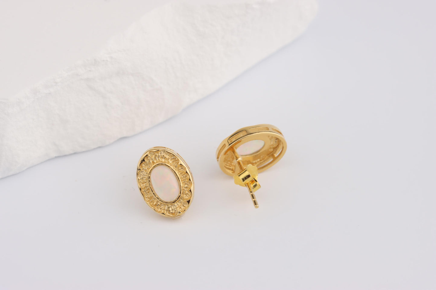 Sterling Silver 925 Gold Plated Textured Oval White Pink Opal Set Studs
